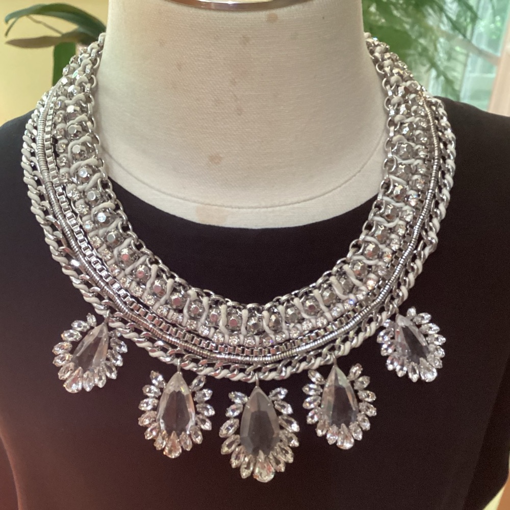 BCBGMaxAziria Silver Crystal glass Leather Woven Chain Statement Necklace